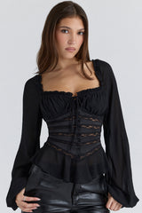 Cara Black Long Sleeve Georgette Peplum Top