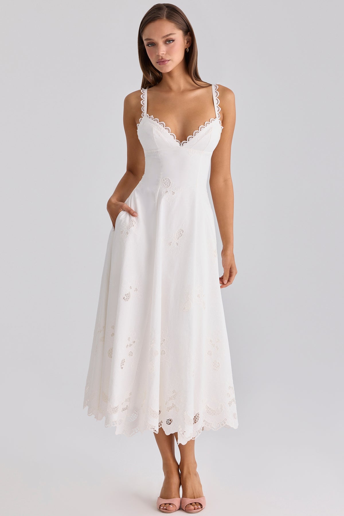 Tatiana White Cotton Broderie Anglaise Midi Sundress