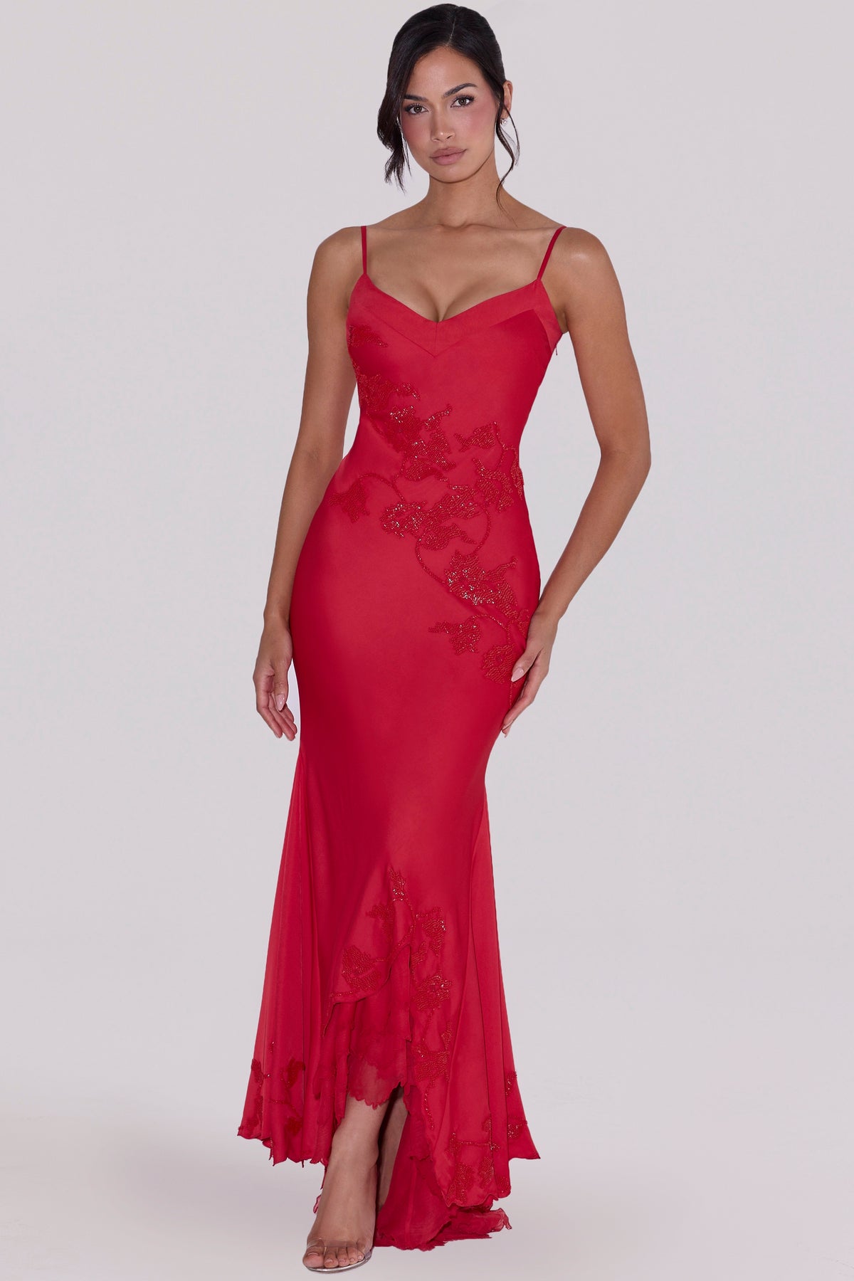Anastelle Red Hand Beaded Embellished Satin Maxi Dress - Limited Edition