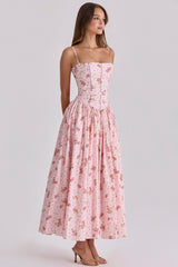 Ysabella Pink Vintage Rose Print Cotton Midi Sundress