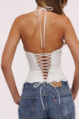 Zizi White Halter Neck Broderie Anglaise Corset Top