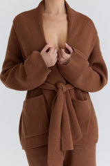 Madison Tan Pure Wool Draped Front Cardigan