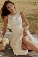 Scarlett White Cotton Lace Trim Waist Cinch Midi Dress