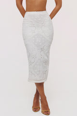 Cecilia White Cotton Placement Lace Broderie Anglaise Midi Skirt