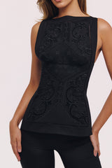 Valencia Black Cotton Placement Lace Broderie Anglaise Boat Neck Top