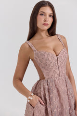 Lovely French Rose Jacquard Sweetheart Neckline Midi Dress