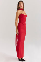 Cassidy Holly Red Mesh Maxi Skirt with Fluted Hem