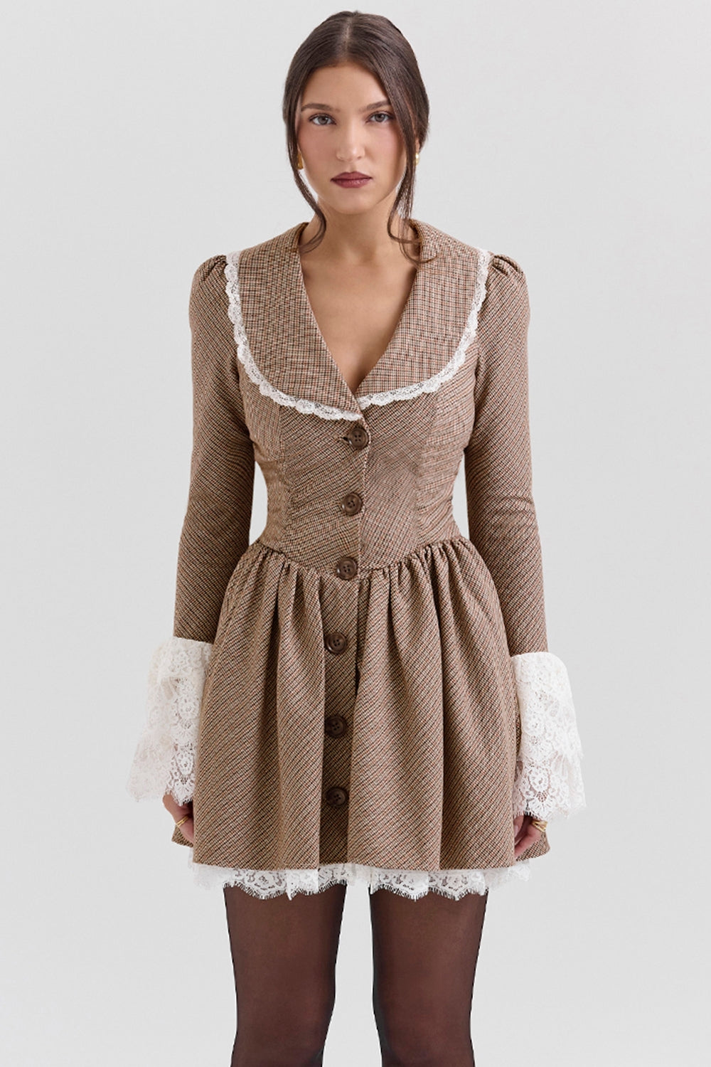 Sable Brown Puppytooth Check Mini Dress