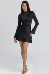 Lulu Black Satin Long Sleeve Mini Dress