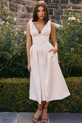 Paloma Vintage Cream Satin Pleated Midi Dress