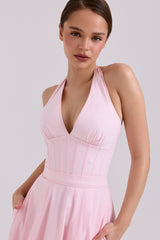 Allena Pink Stretch Cotton Halter Midi Sundress