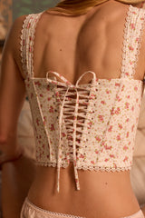 Adina White Rose Print Cotton Scallop Trim Corset Top