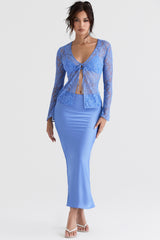 Clara Blue Satin Bias Cut Midi Skirt