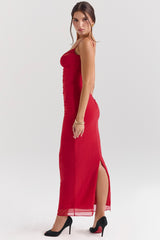 Nalini Holly Red Stretch Mesh Corset Maxi Dress
