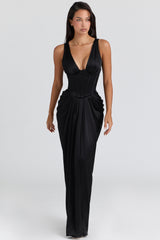 Angeline Black Satin Hourglass Maxi Dress - Limited Edition