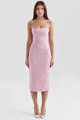 Ophelle Pink Jacquard Lace Up Bodycon Midi Dress