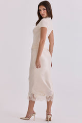 Ciara Vintage Ivory Satin + Lace Midi Skirt