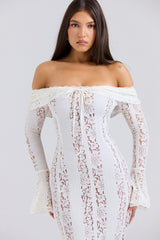 Belle Vintage Cream Floral Lace Off Shoulder Maxi Dress