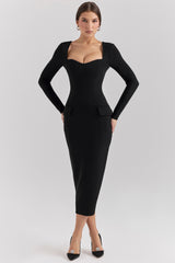 Ella Black Stretch Crepe Long Sleeve Midi Dress