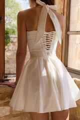 Cosette White Broderie Anglais + Cotton Halter Neck Mini Dress