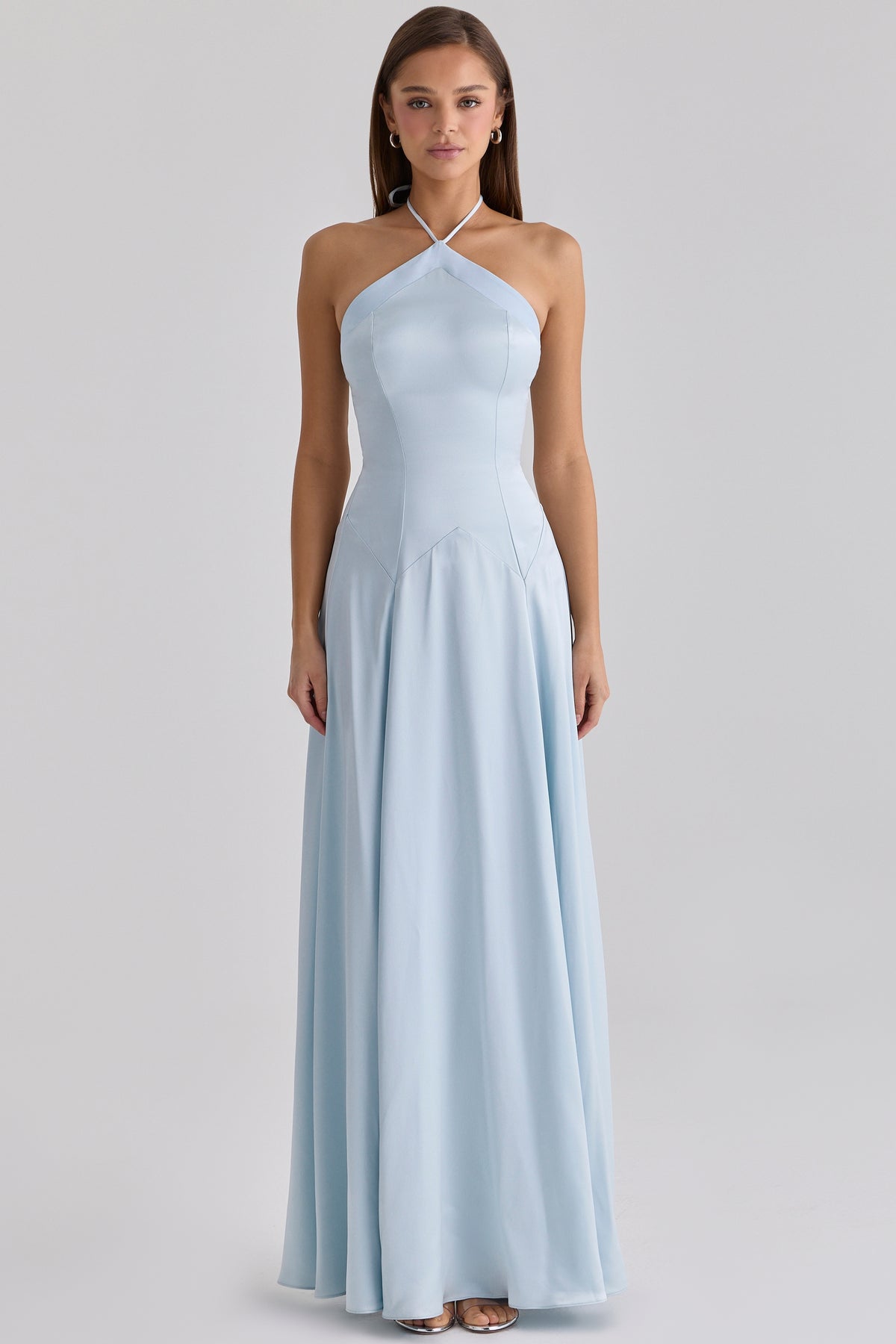 Avelina Blue Satin Halter Neck Godet Maxi Dress