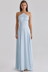 Avelina Blue Satin Halter Neck Godet Maxi Dress