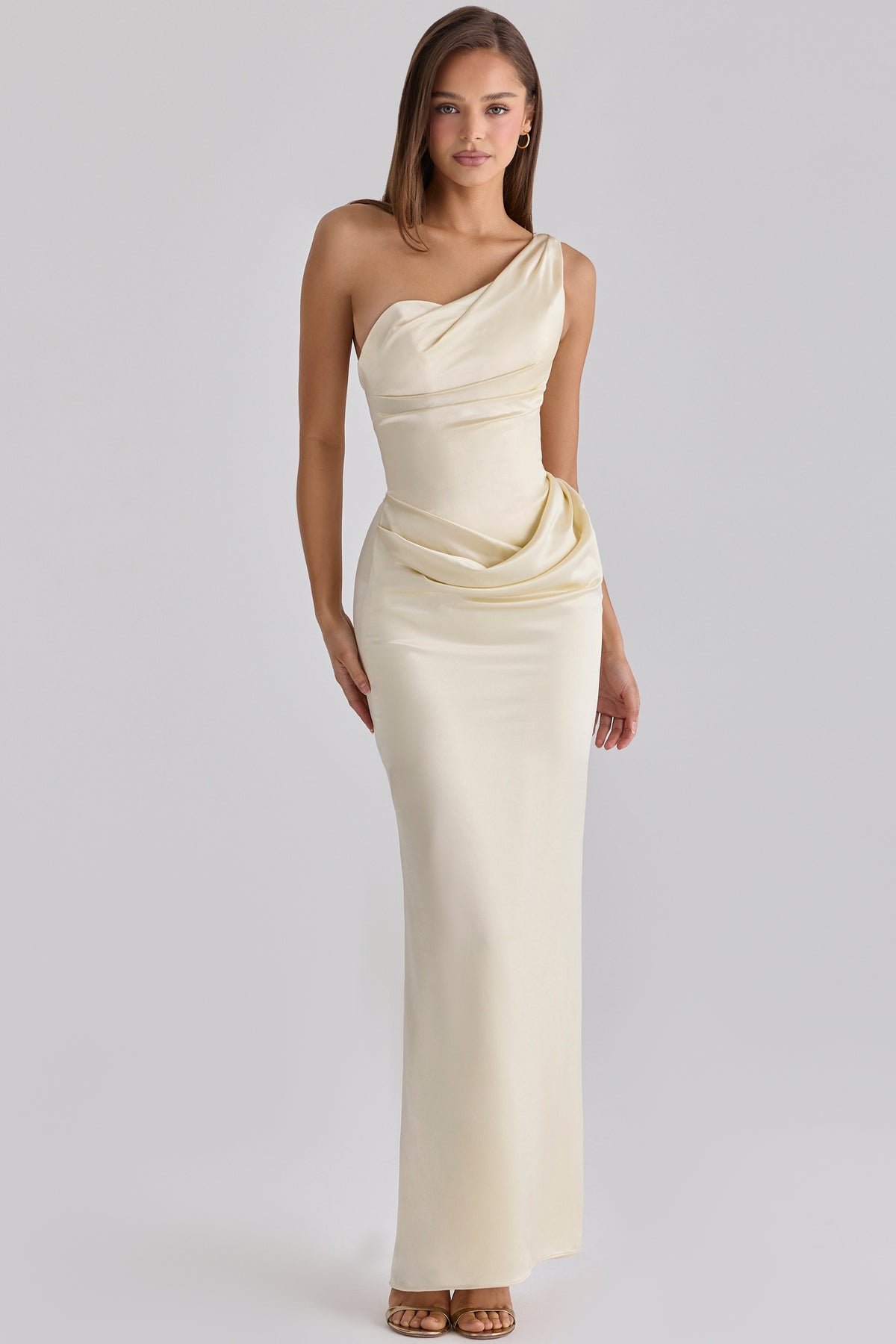 Caprice Lemon One Shoulder Satin Maxi Dress