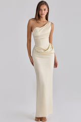 Caprice Lemon One Shoulder Satin Maxi Dress