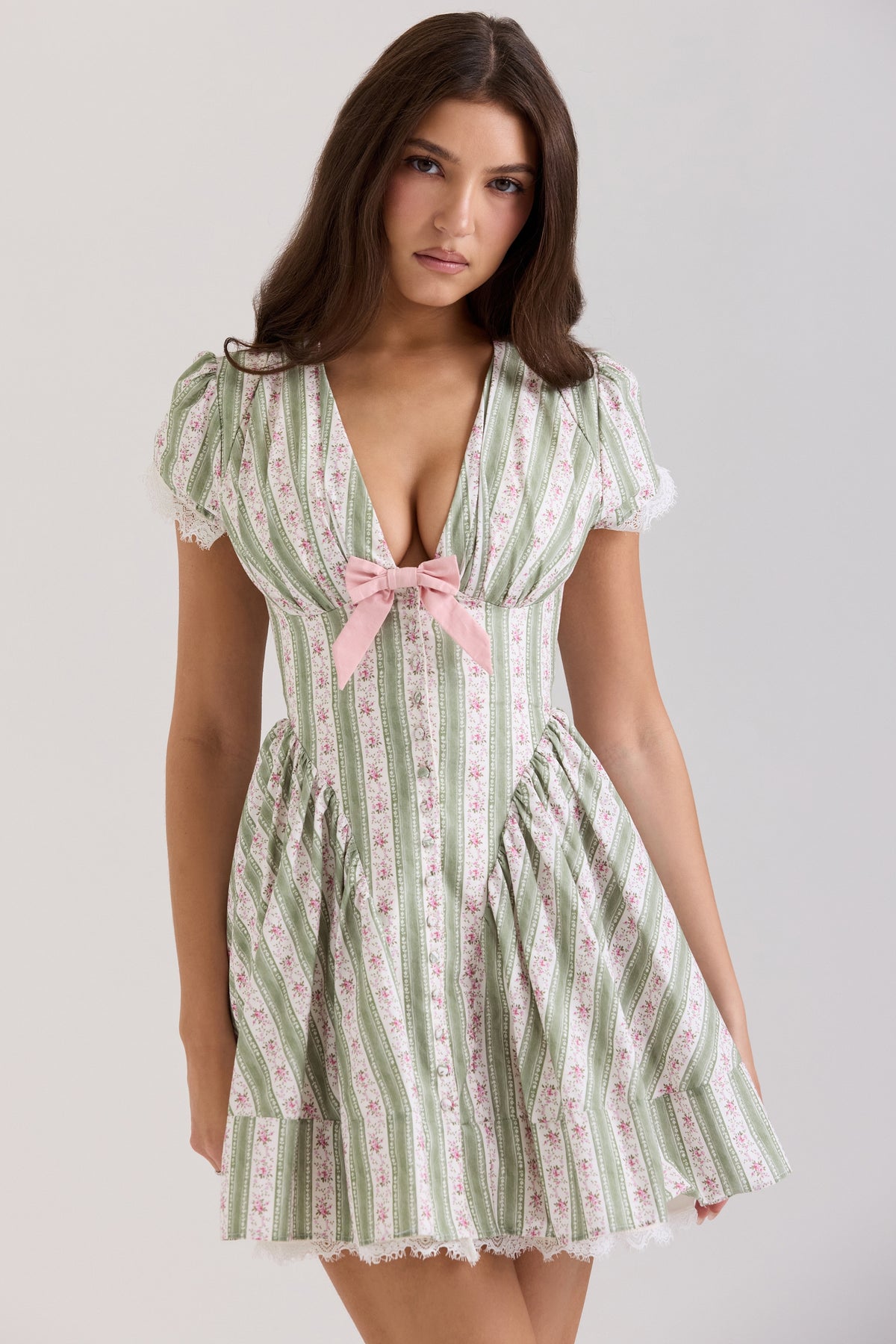 Emiliana Green Stripe Floral Print Stretch Cotton Mini Dress