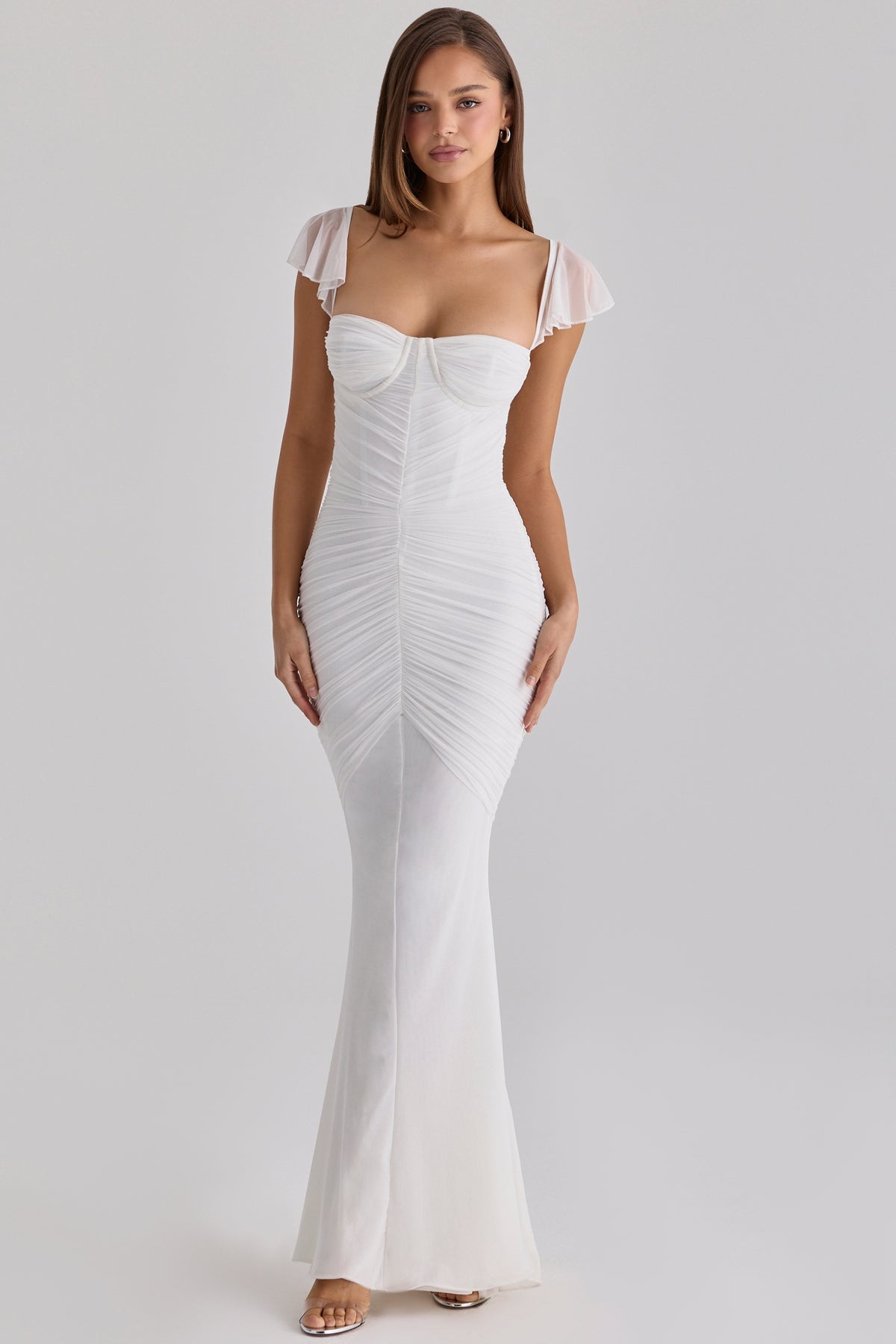 Antonella White Gathered Mesh Maxi Dress