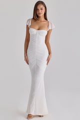 Antonella White Gathered Mesh Maxi Dress