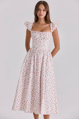 Livia White Rose Print Cotton Midi Sundress