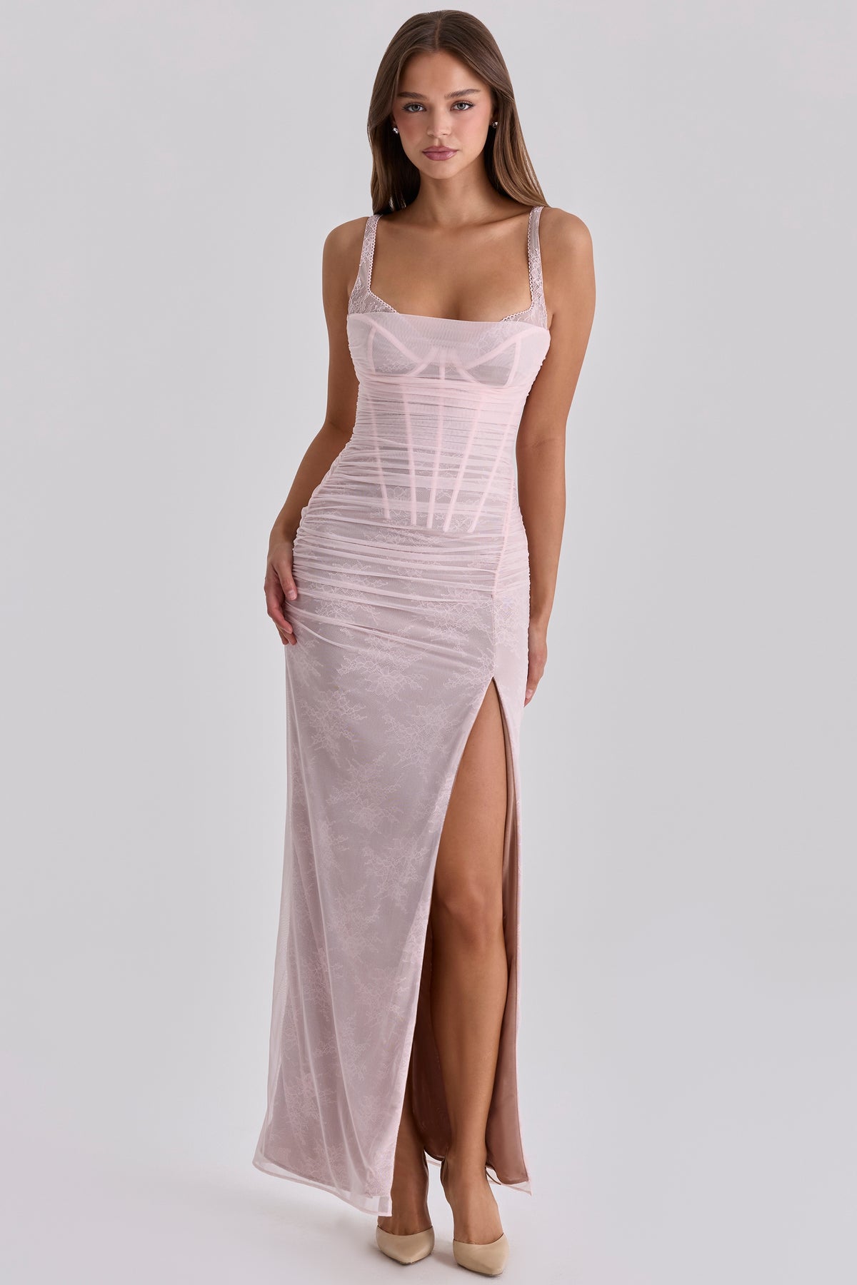 Lini Baby Pink Lace Mesh Maxi Dress