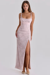 Lini Baby Pink Lace Mesh Maxi Dress