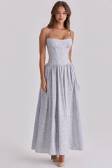 Rona Blue Wildflower Print Cotton Lace Up Maxi Dress