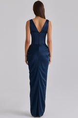 Angeline Navy Satin Corset Maxi Dress