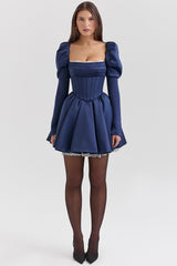 Venetia Midnight Satin Puff Sleeve Mini Dress