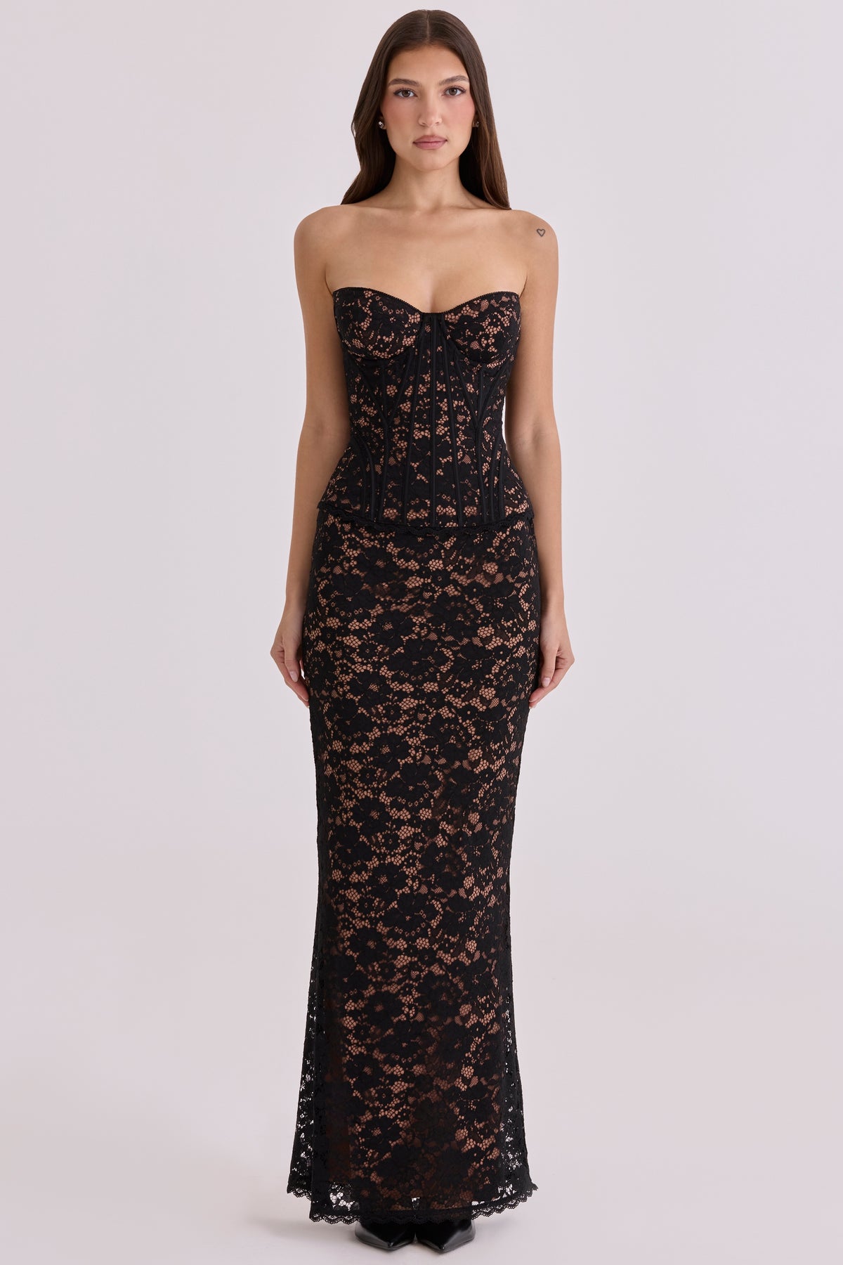 Solaine Black + Blush Lace Corset Maxi Dress