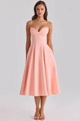 Dahlia Peach Cotton Pleated Midi Sundress