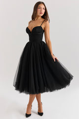 Countess Black Tulle Ruched Bodice Midi Dress
