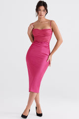 Teia Hot Pink Draped Corset Midi Dress