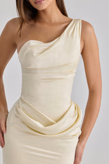 Caprice Lemon One Shoulder Satin Maxi Dress