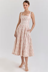 Mariabella Cream Floral Print Cotton Midi Sun Dress