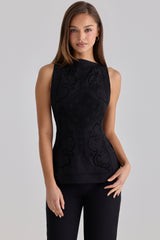 Valencia Black Cotton Placement Lace Broderie Anglaise Boat Neck Top