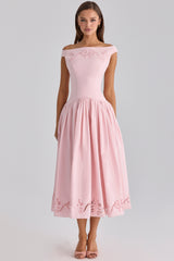 Lauren Pink Cotton Broderie Anglaise Boat Neck Maxi Dress