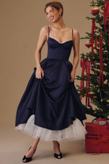 Mademoiselle Navy Satin Tulle Midi Dress