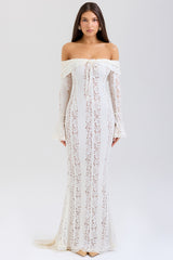 Belle Vintage Cream Floral Lace Off Shoulder Maxi Dress
