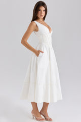 Samia White Stretch Cotton Midi Sundress