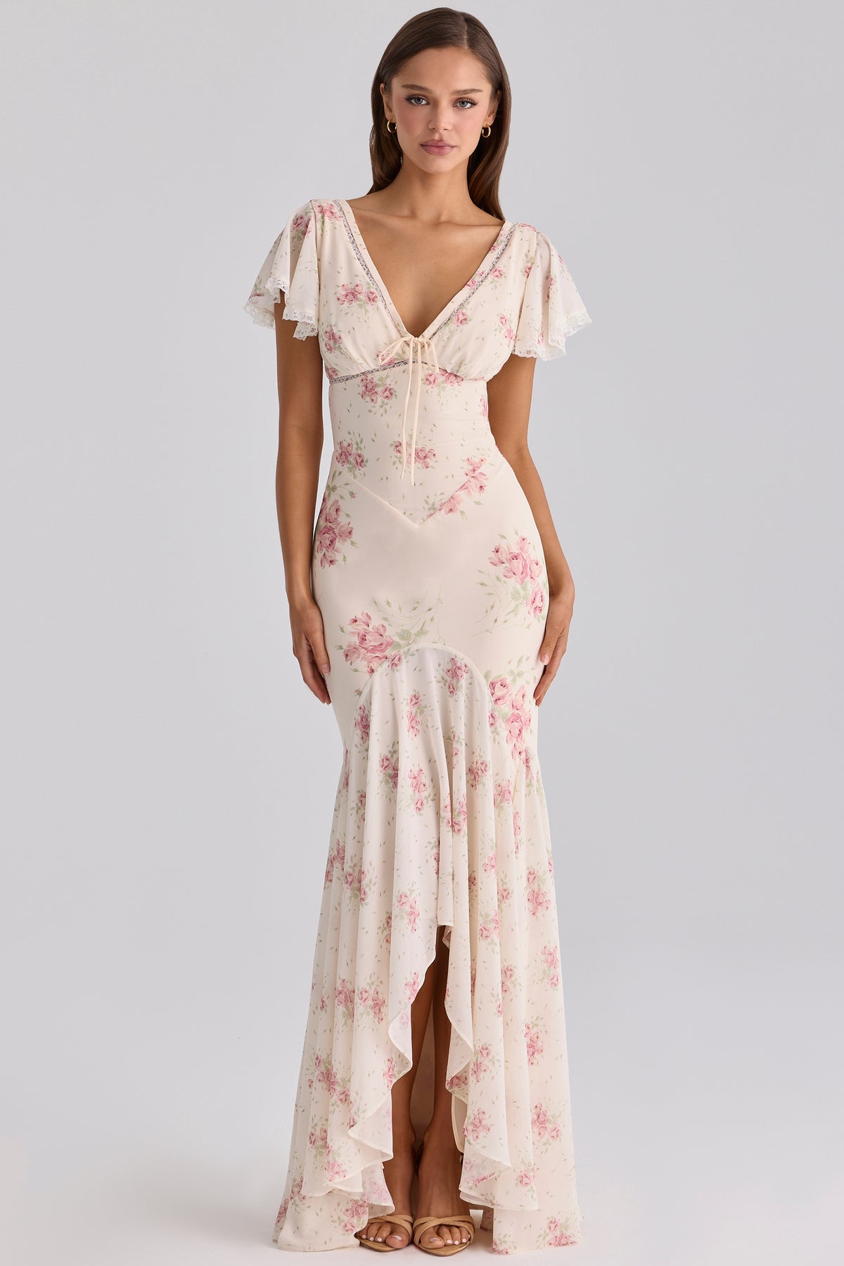 Amina Ivory Vintage Rose Print Georgette Maxi Tea Dress