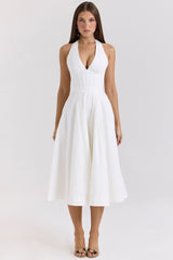 Allena White Stretch Cotton Halter Midi Sundress